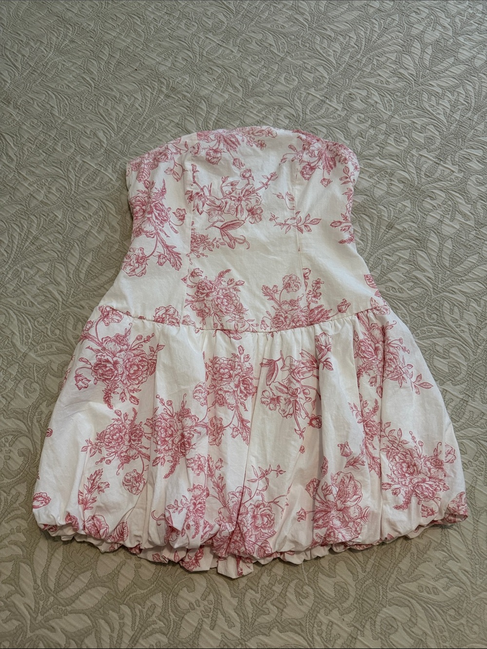 Girls Strapless White Dress with Pink Floral Toile Print